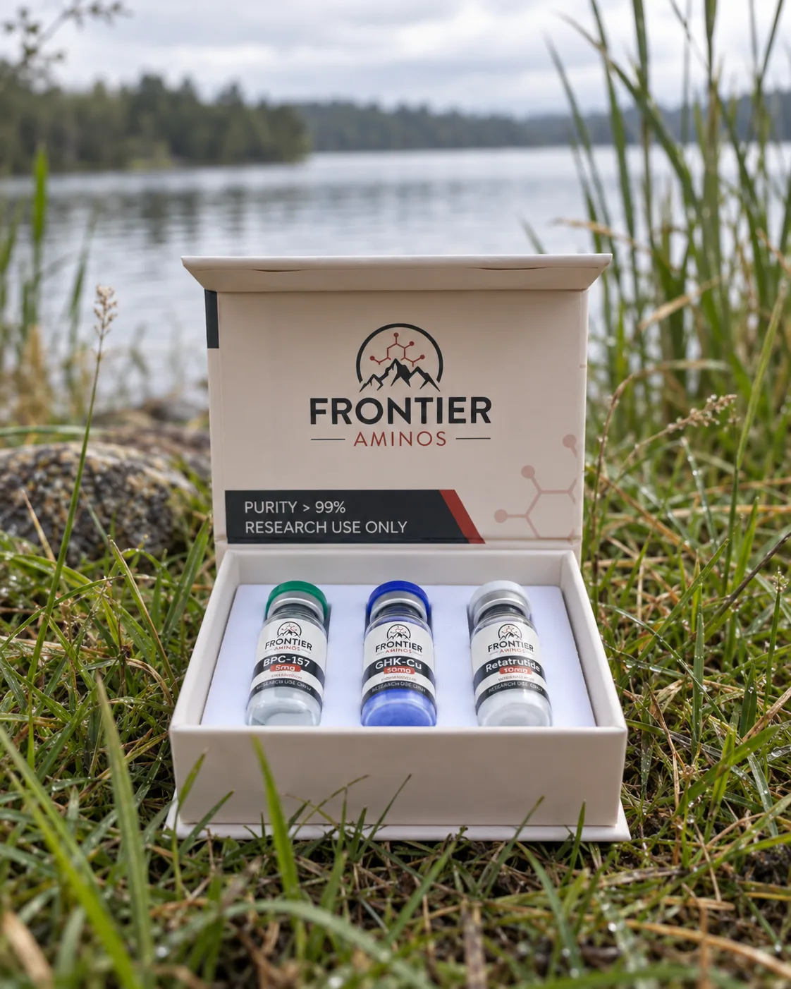 Open Frontier Aminos 3-pack box, three vials carrying matching labels.