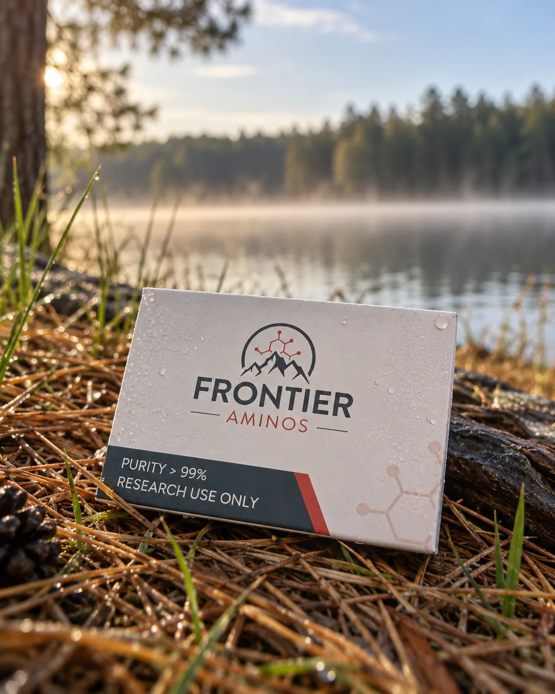 Frontier Aminos box at a lakeside, marked Purity > 99% and Research Use Only.