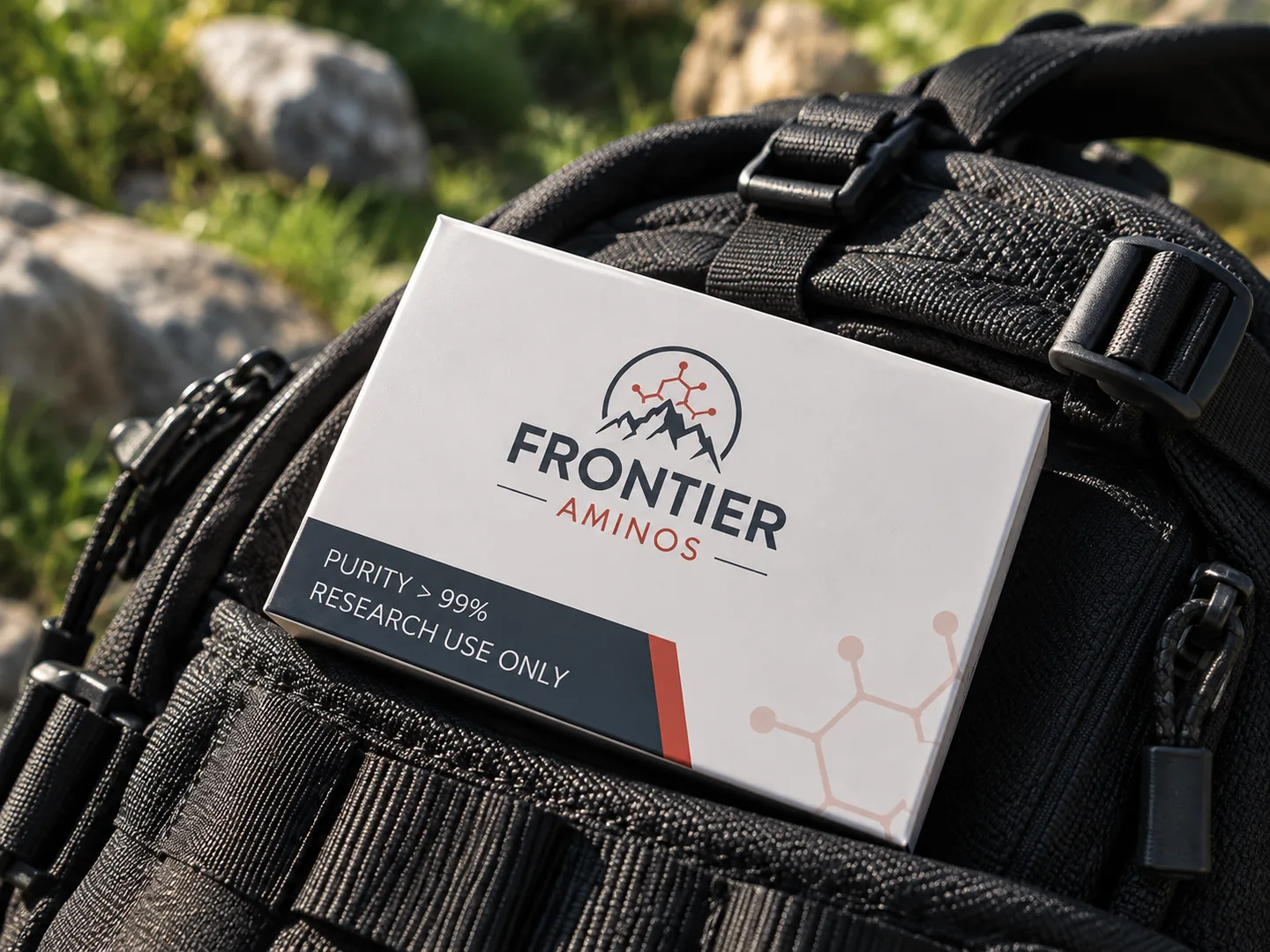 Frontier Aminos box packed on an expedition pack, ready to go out.