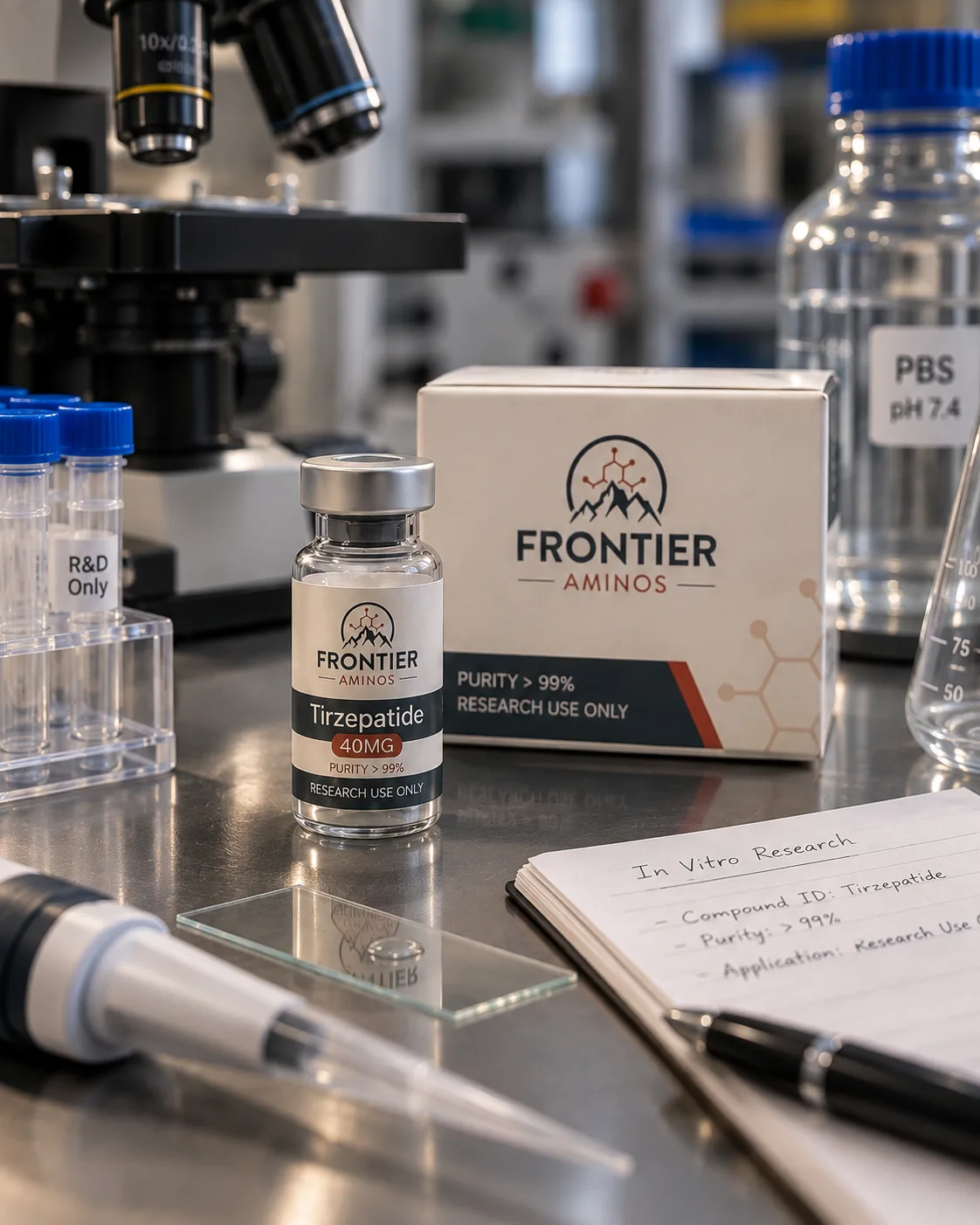 Frontier Aminos Tirzepatide vial and box on a lab bench beside a microscope.
