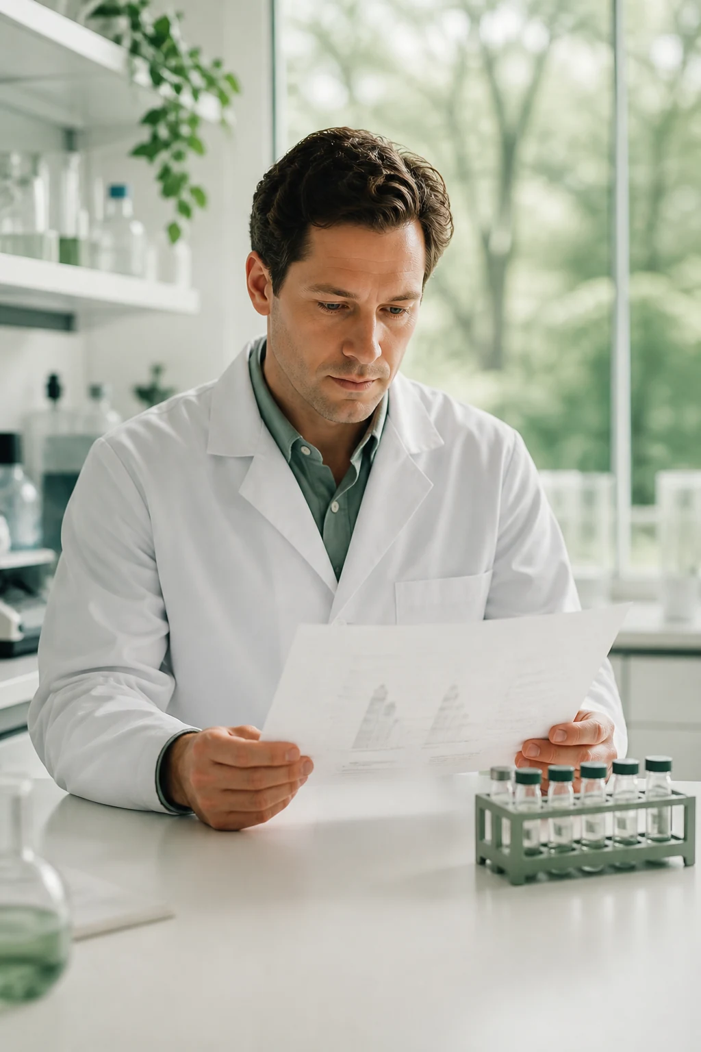 Research scientist reviewing an analytical record beside sealed vials