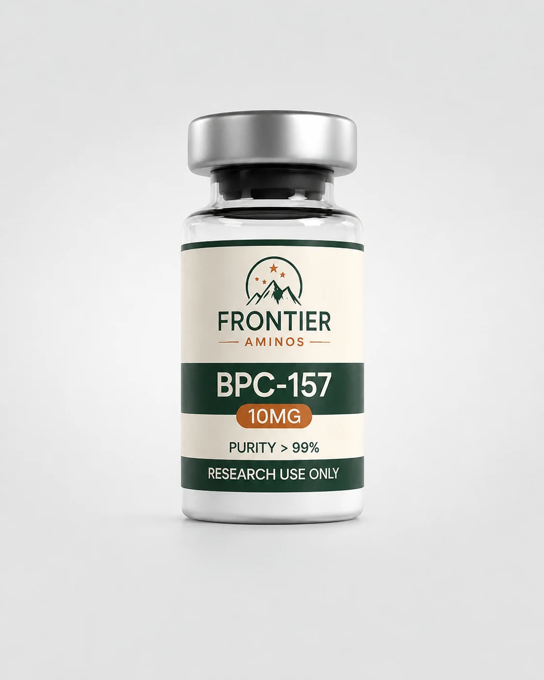 BPC-157 10mg vial with a silver cap, photographed on a lit studio ground